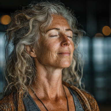 Жінка середнього віку практикує йогу на природі