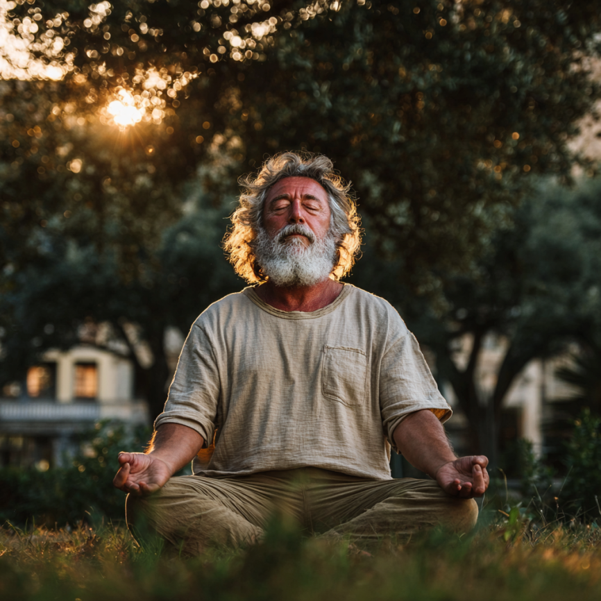 Група літніх людей практикує йогу в парку