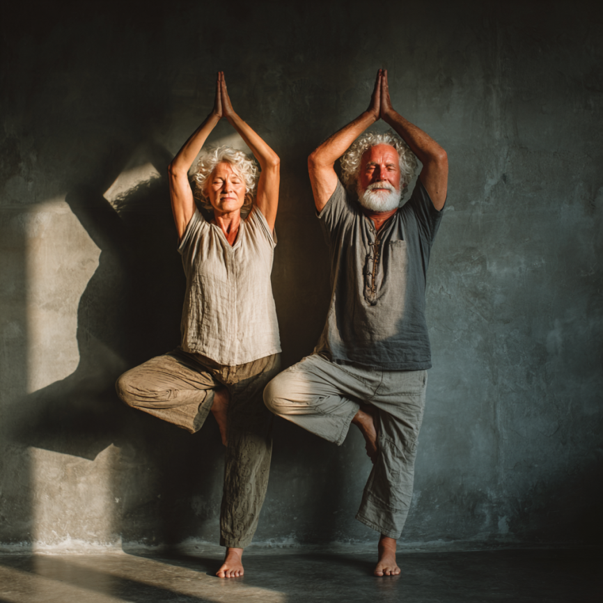 Чоловік похилого віку виконує вправу йоги